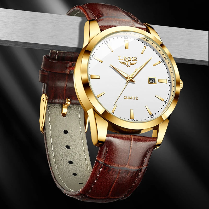 Mens Fashion Brown Leather Watch Men Military Sports Men's Quartz Wristwatches Casual Waterproof Chronograph