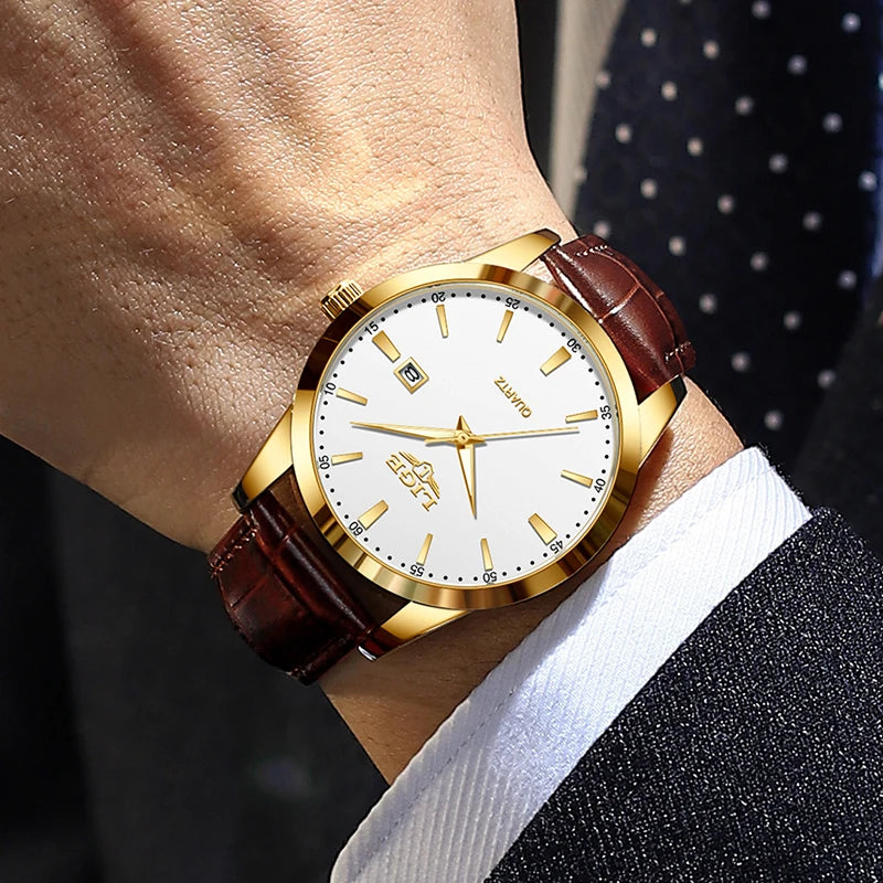 Mens Fashion Brown Leather Watch Men Military Sports Men's Quartz Wristwatches Casual Waterproof Chronograph