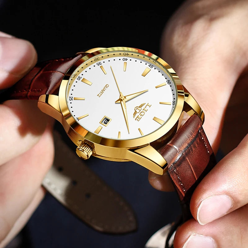 Mens Fashion Brown Leather Watch Men Military Sports Men's Quartz Wristwatches Casual Waterproof Chronograph