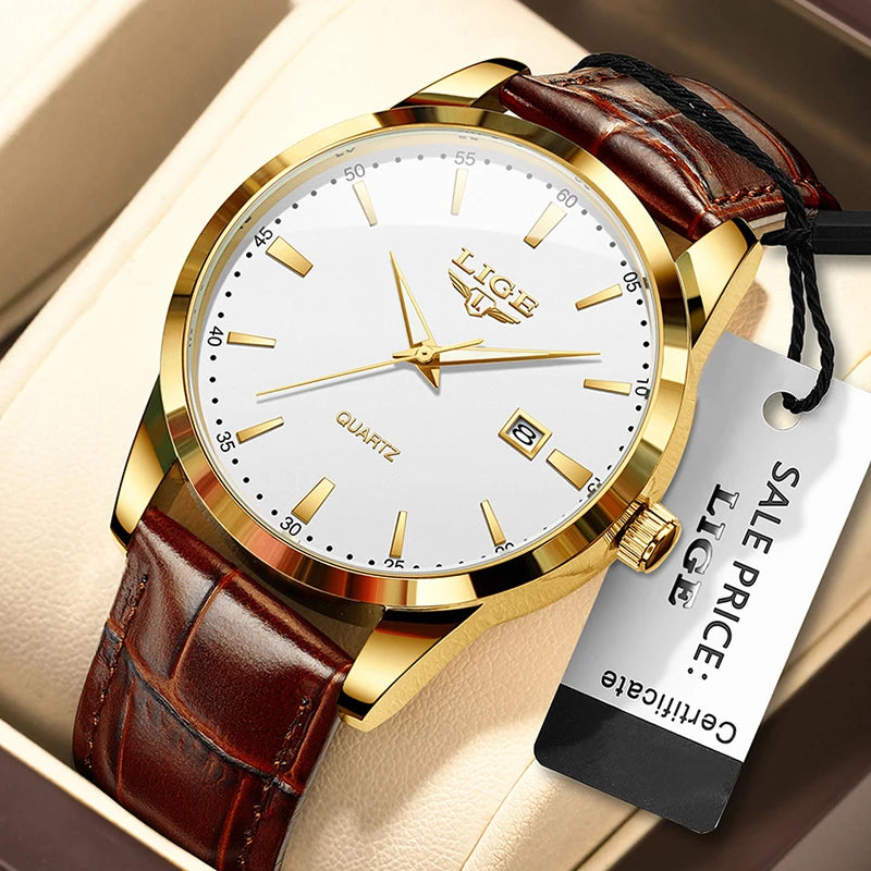 Mens Fashion Brown Leather Watch Men Military Sports Men's Quartz Wristwatches Casual Waterproof Chronograph