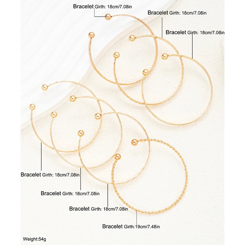 7 Pcs/Set Gold Color Bracelets for Women Heart Prints Metal Design Open Bangle Fashion Jewelry
